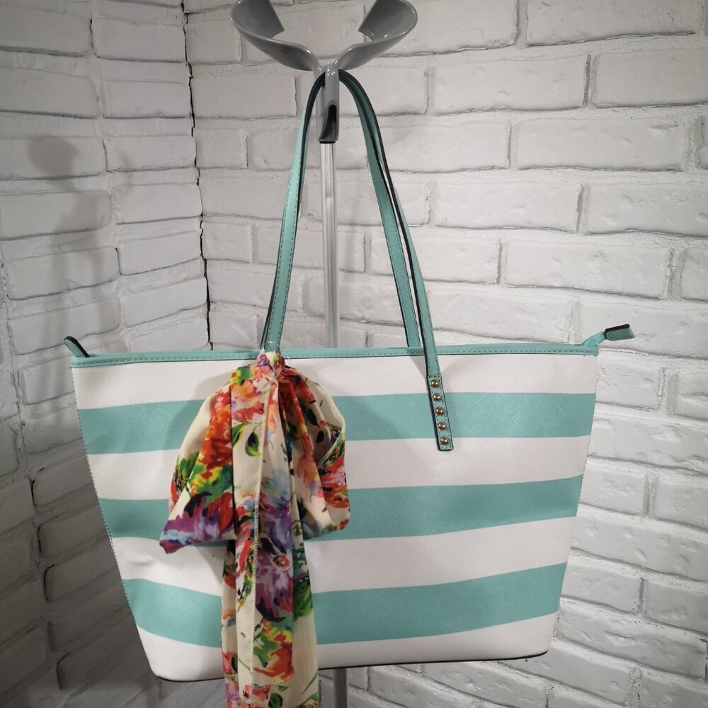 Aldo Teal & White Striped Lined Zipper Closure Tote Bag w/ a Floral Scarf Detail